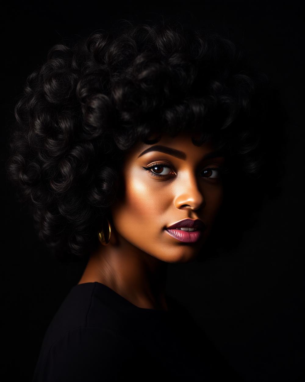 Model wearing a voluminous custom curly unit in low editorial light